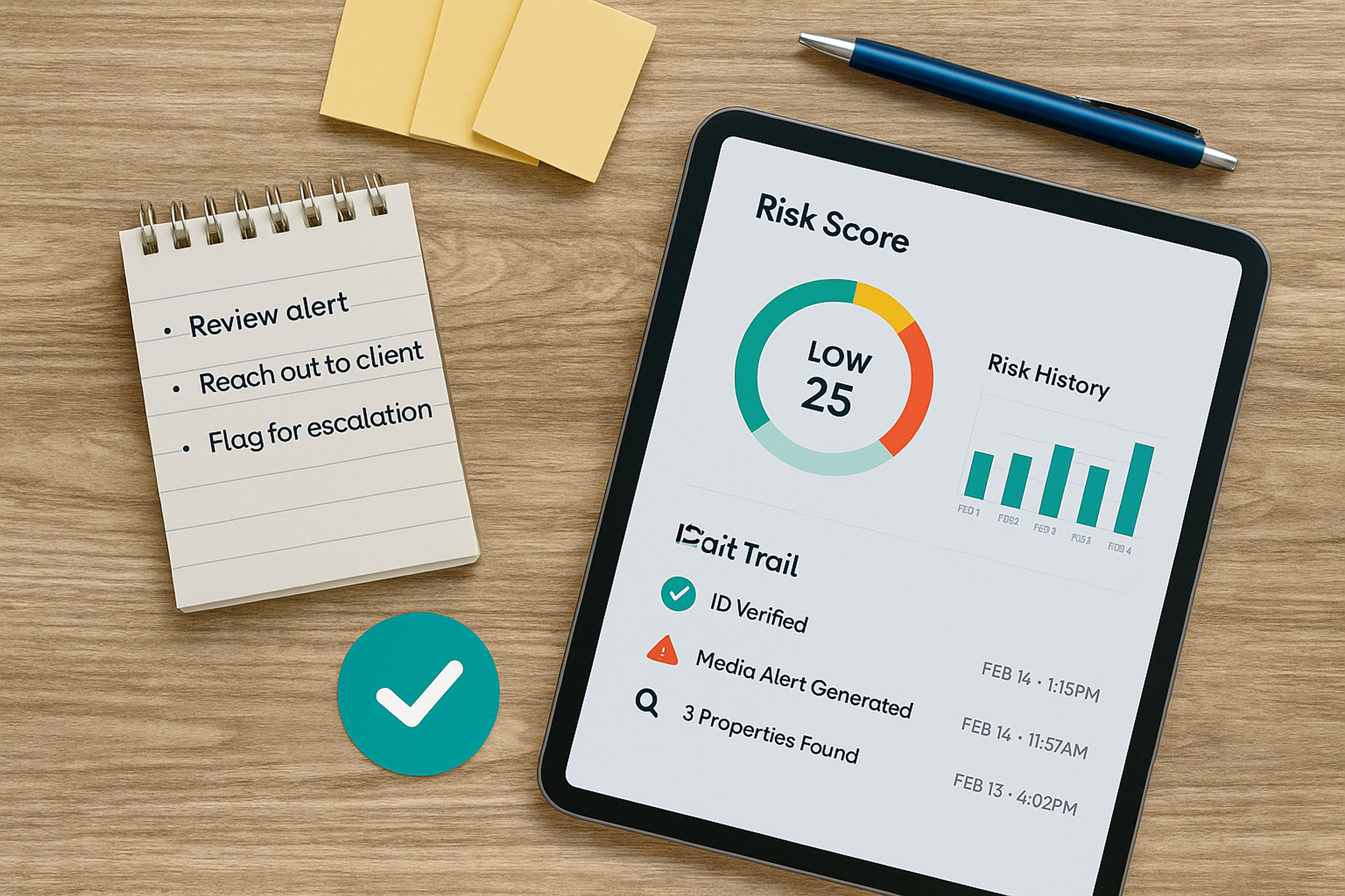 Risk scoring, audit trails, and internal notes
